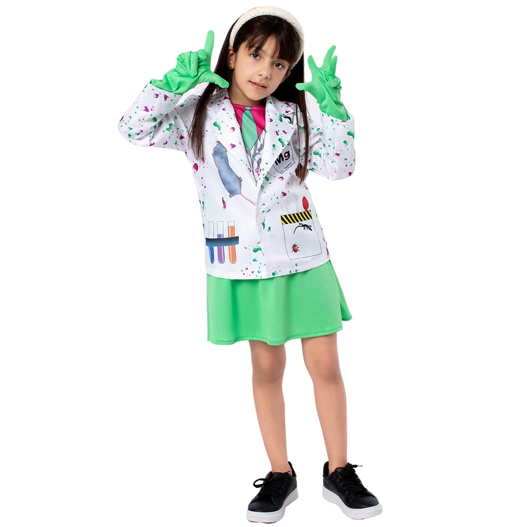 Kids Girls Crazy Scientist Role Play Dress Gloves Coat Set Children Performance Outfit Halloween Cosplay Costumes