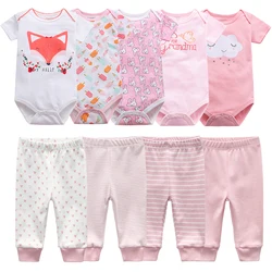 Newborn Clothes Set Bodysuits+Pants 7/9Pcs Baby Girl Outfits Pink Sweet Toddler Boy Autumn Clothing 0-12M Infant Birth Gift Soft