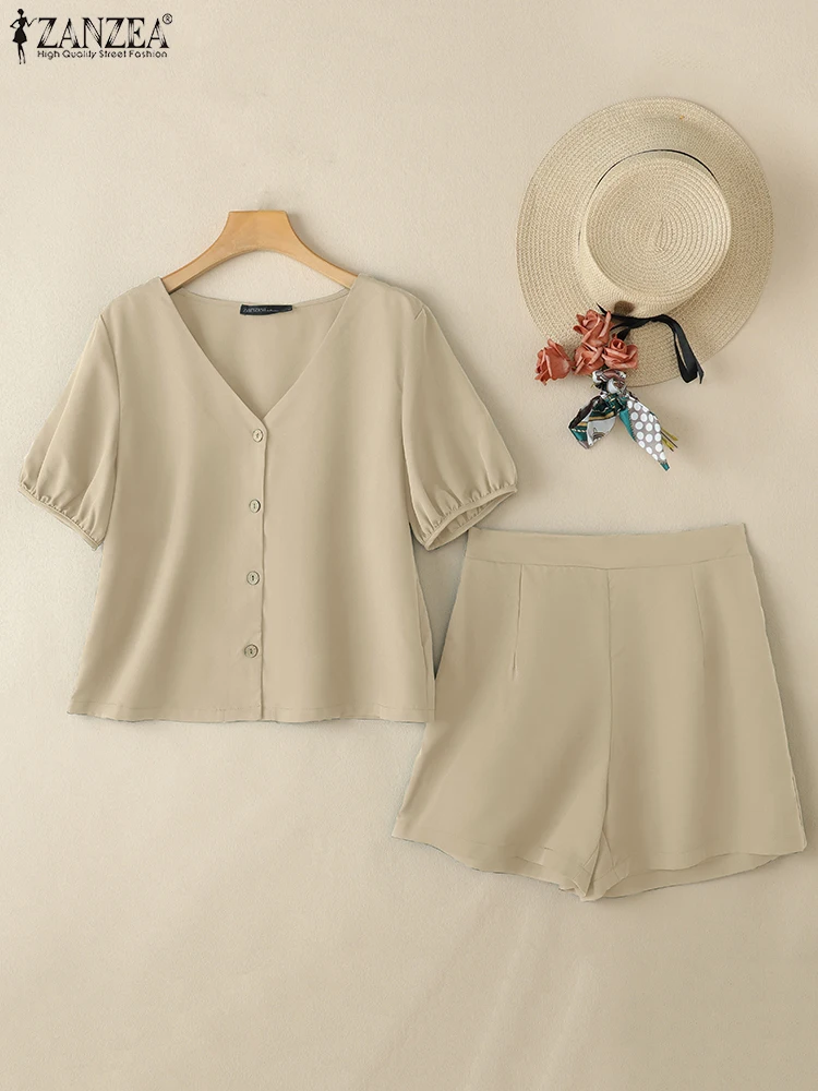 

ZANZEA Summer Short Sleeve V-Neck Shirts Suits Casual Women Elastic Waist Shorts Holiday 2PCS Outfits Solid 2-Pieces Short Sets