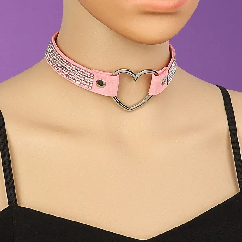 Punk Harajuku Sex appeal Simple Night club Individuality Soft girl Flannel Rhinestone Peach heart  Pendant Collarbone chain