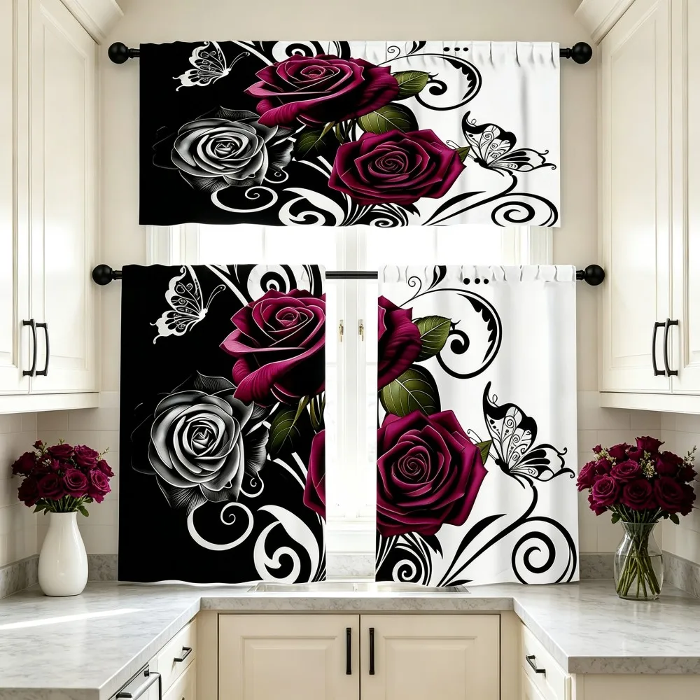 Gothic Kitchen Curtains, Black Purple Rose Butterfly, Digital Print, Kitchen Dining Room, Rod Pocket Polyester, Home Decor
