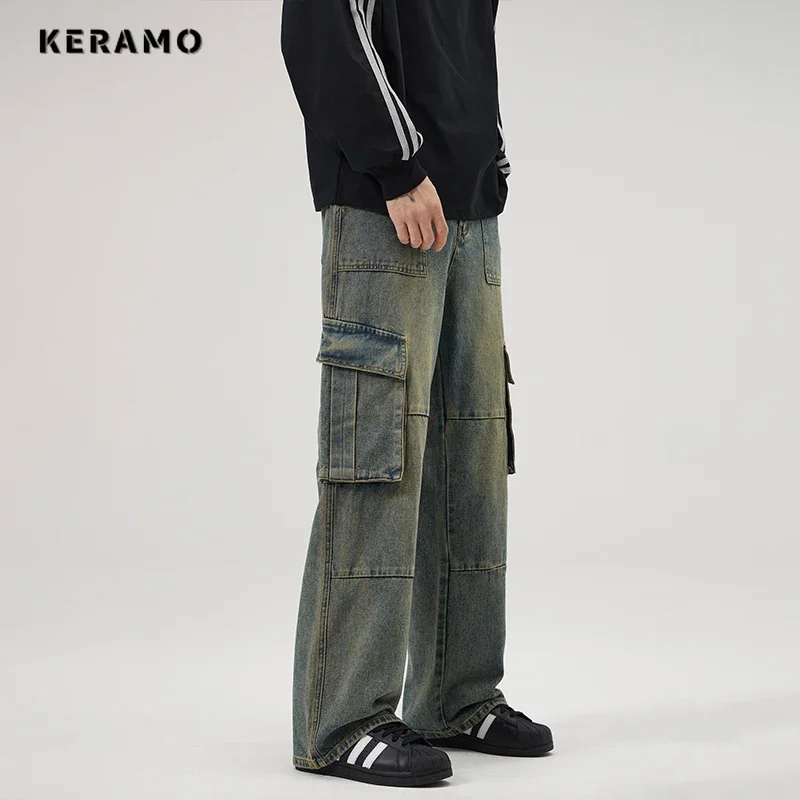 

Women's Casual 2000s Wide Leg Grunge Pants American Vintage High Waist Pockets Emo Jeans Baggy Y2K Street Washed Denim Trouser