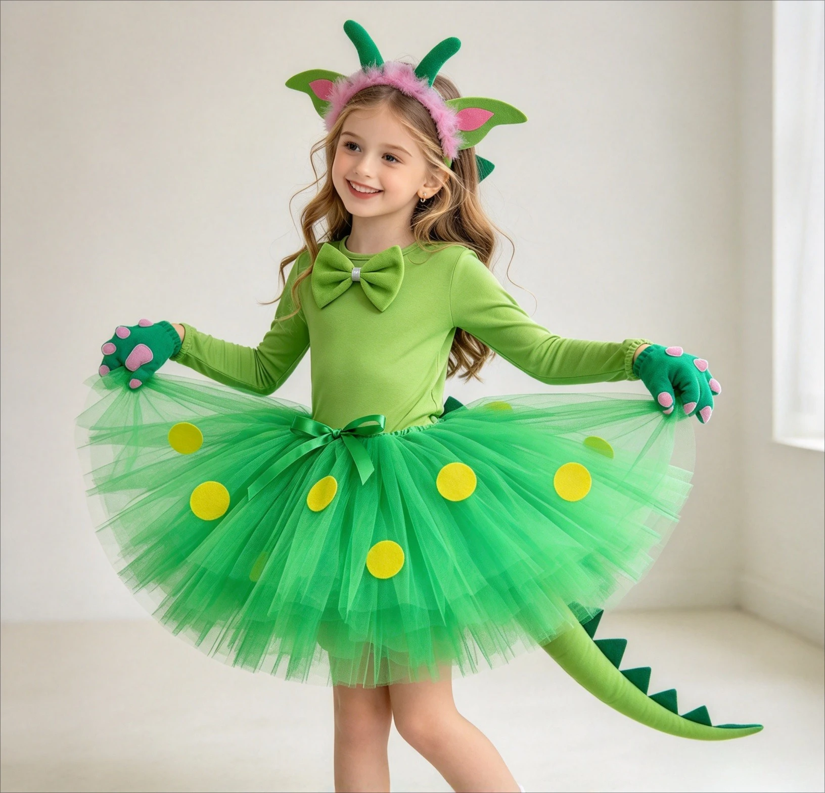 Kids Cartoon Animal Green Cute Dinosaur Half Princess Skirt With Accessories For Halloween Party Stage Performance Role Play Set
