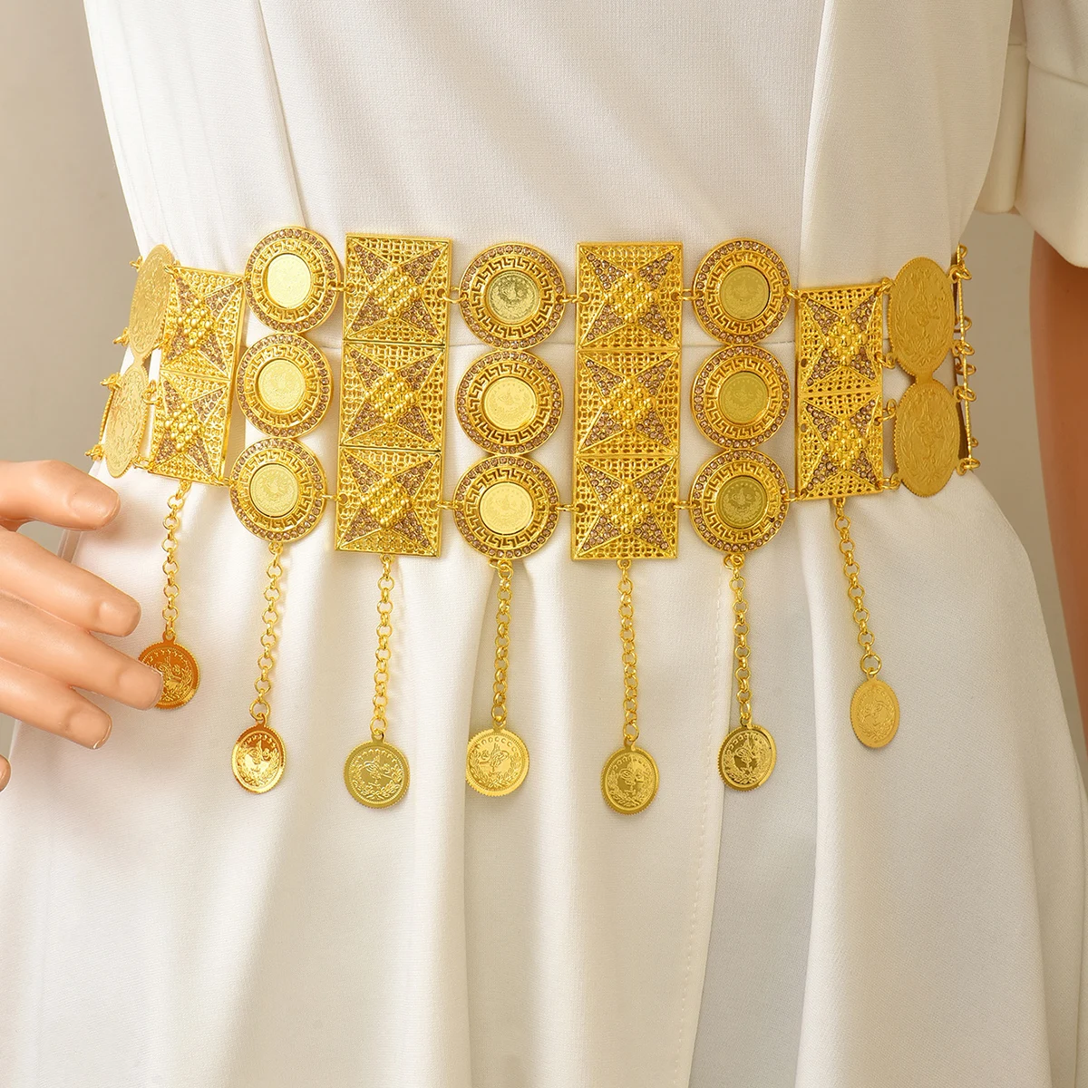 Bridal Golden Belt - Intricate Coin Tassel & Filigree Design For Luxe Wedding Gown Waist Accent And Timeless Bridal Elegance