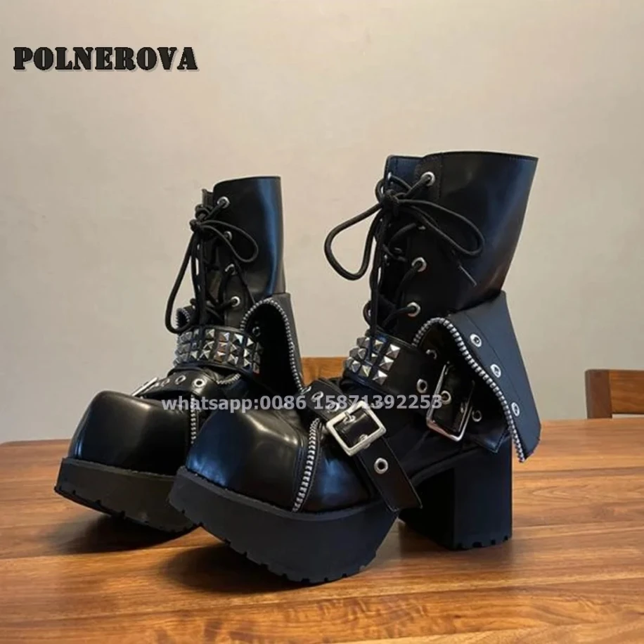 

Rivet Belt Buckle Black Ankle Boots Round Toe Height Increasing Fold Down Cross Tied Punk Pumps Heavy Work Cool Dark Shoes 2024