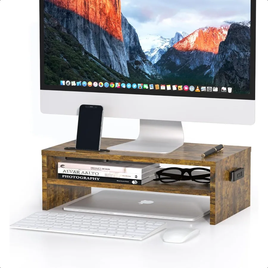 

BONTEC Monitor Stand Riser 2 Tiers Wood Monitor Riser Stand with Storage Organizer Desktop Ergonomic Monitor Stand Riser with C