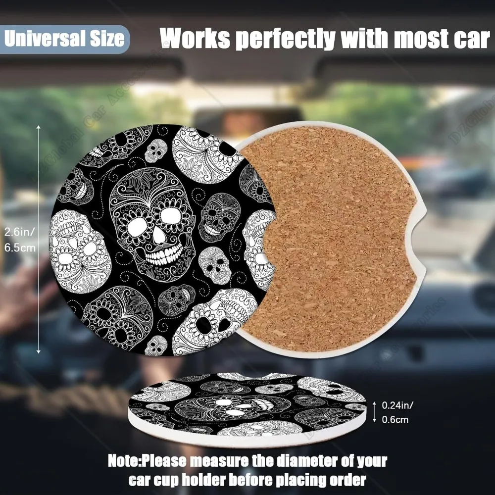 Car Cup Holder Coasters Black White Sugar Skull Absorbent Ceramic Coaster 2 Pack Car Drink Coaster Car Accessories for Women Men