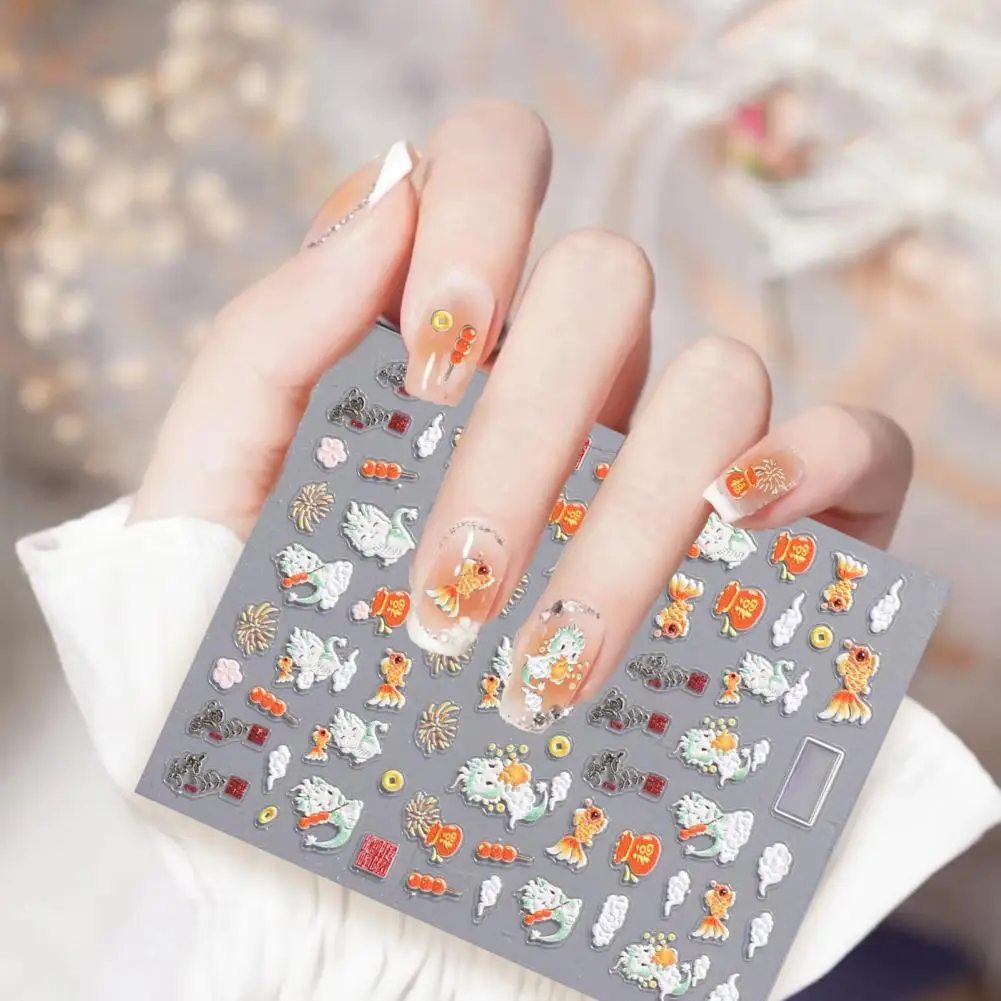 Dreamy Cartoon Nail Decal Nail Art Sticker Long-lasting 5d Dragon Year Nail Sticker Easy Application Relief Design Women's