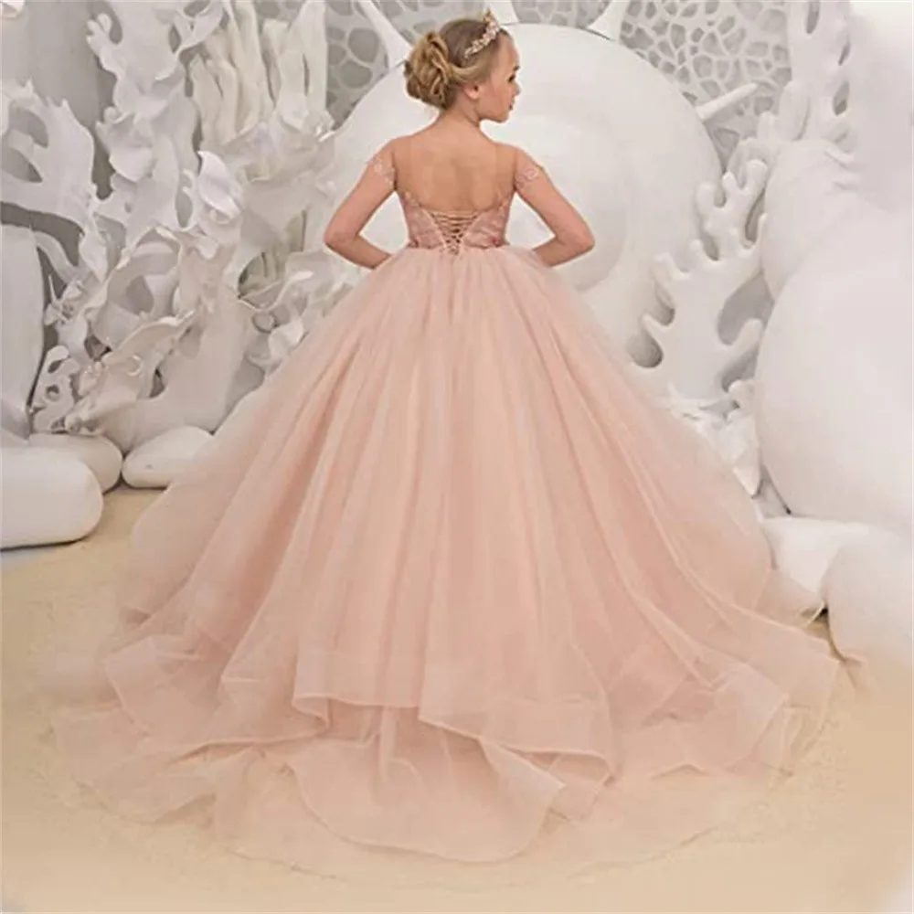 Abiti da ragazza di fiori per matrimonio principessa pizzo maniche corte Fluffy Appliqué Backless lungo prima comunione abiti da ballo di compleanno