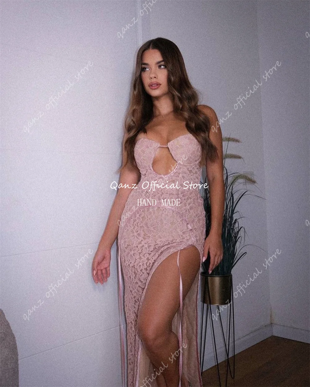 Qanz-Robe de soirée en dentelle pleine pour femme, sirène, jambe haute, fente latérale, robe sans bretelles, robe de soirée luxueuse, tout ce qui est personnalisé, rose sale, 123