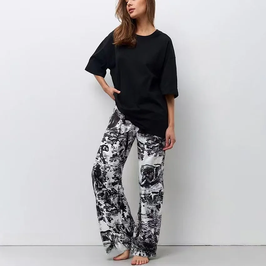 

Моющаяся футболка и брюки с цветным принтом, комплект домашней одежды, летний тонкий ор Све, круглый домашний костюм для отдыха