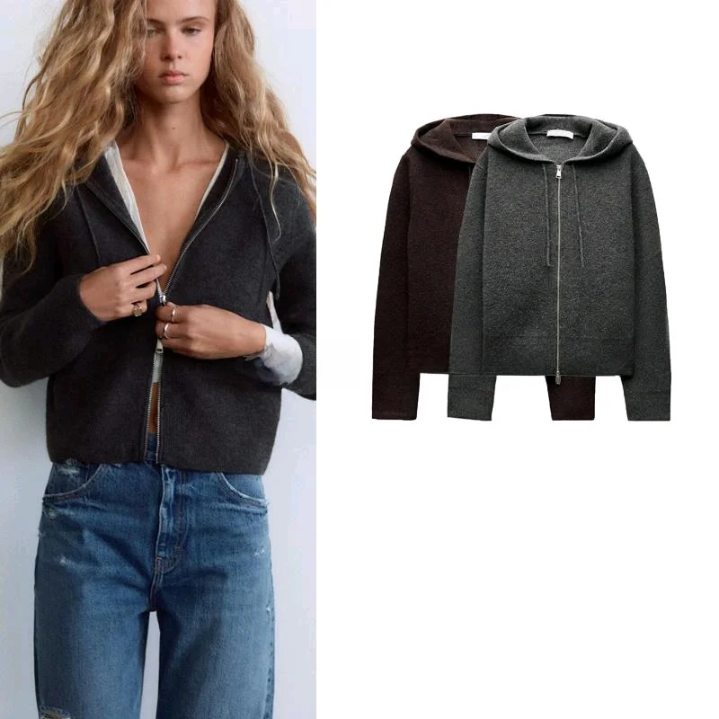 

Весенняя новинка: Женская толстовка с двойной молнией, простым капюшоном, длинными рукавами, плоской вязкой, повседневная, для города, из полиэстера.