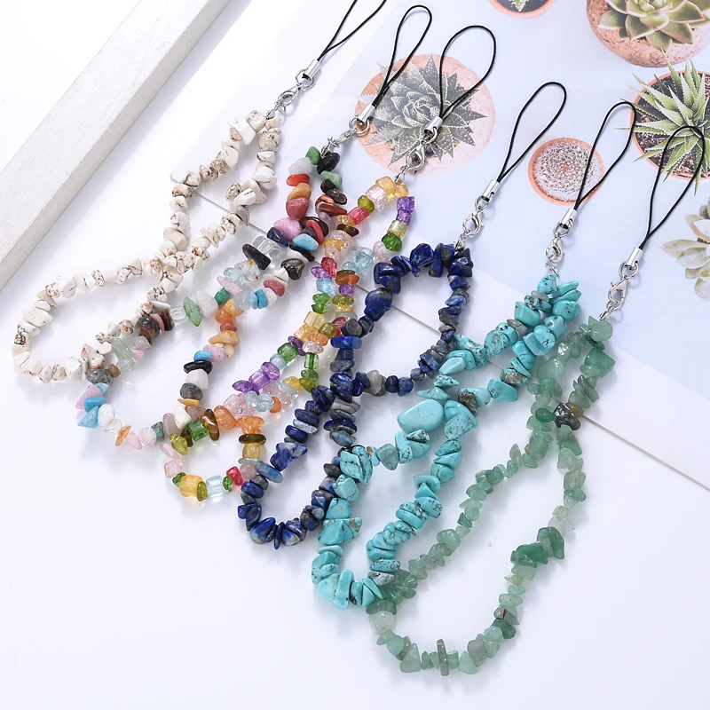 New Fashion Colorful Gravel Mobile Phone Chain Women Creative Stone Beads Cellphone Strap Lanyard Keychain Keycord Anti-Lost