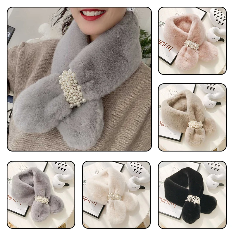 Women Ins Girl Scarf Neck Warmer Pearl Collocation Plush Small Collar Pure Color Imitation Rabbit Fur Collar Autumn And Winter