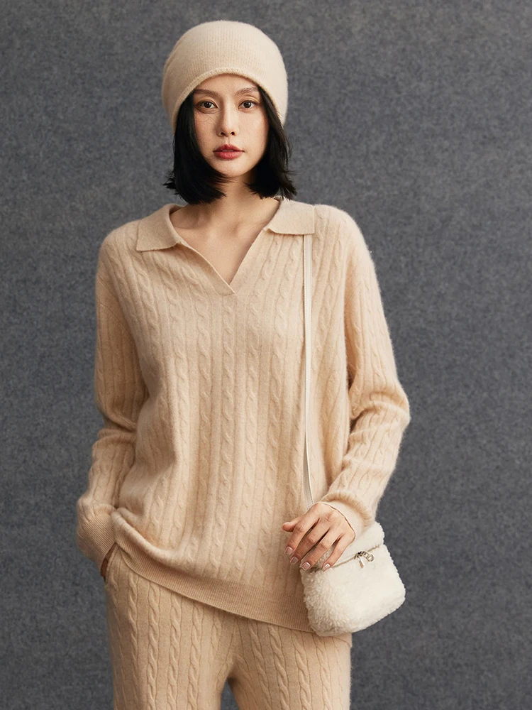 

Women Polo V-neck Casual Loose Pullover Sweater 100% Cashmere Knitwear Warm Luxury Twist Flower Jumper Autumn Winter Clothes Top