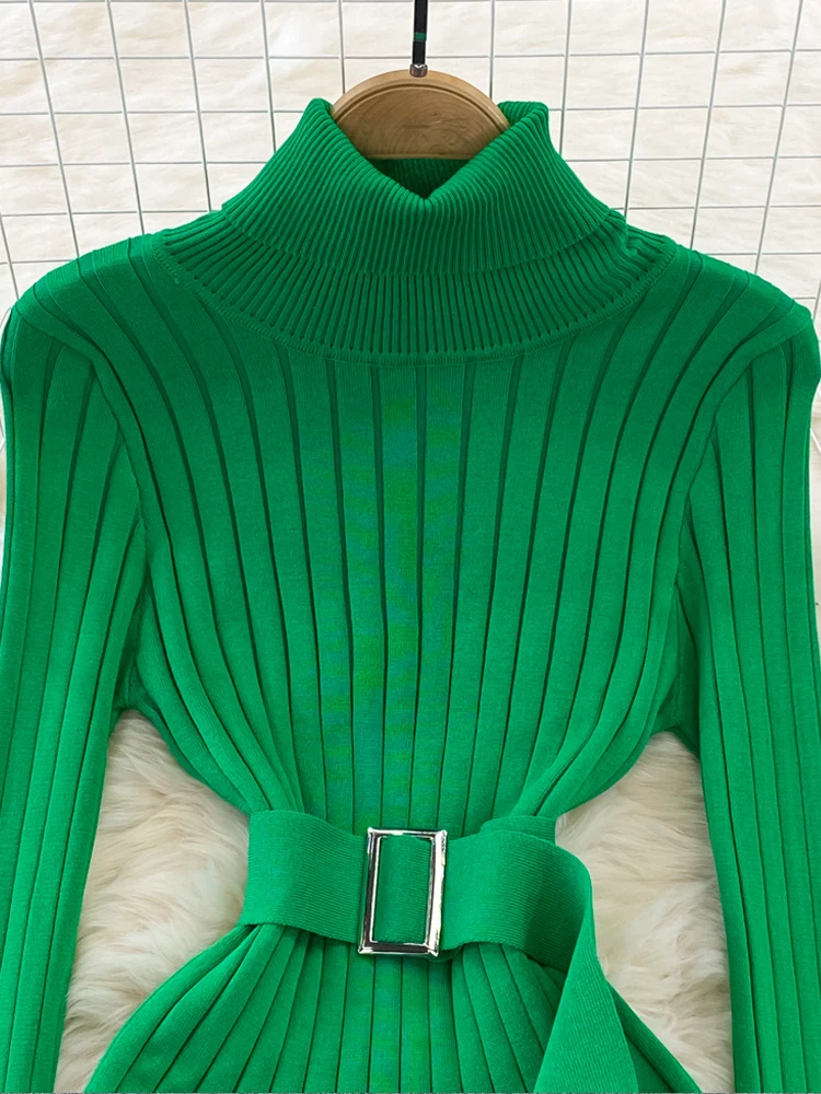 YuooMuoo Fashion Ribbed Knit Full Sleeve Dress with Belt Ladies Autumn Winter Elegant Knit Sweater Dress Women 2023 New Vestidos