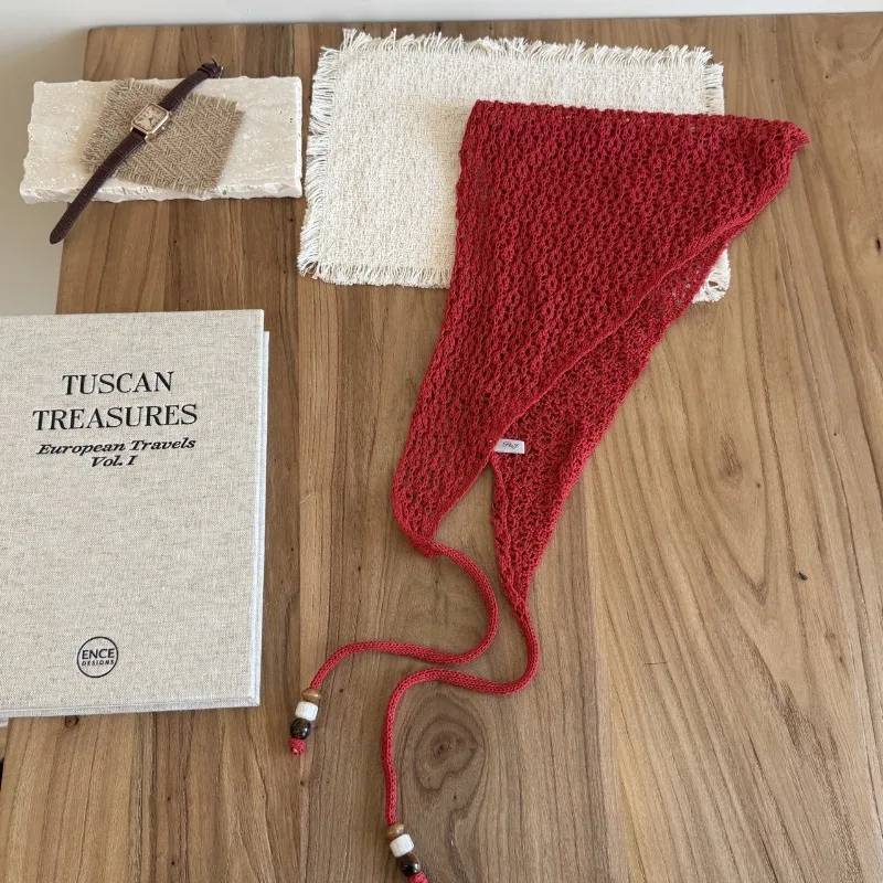 

Вязаный шарф в стиле французского ретро, ажурный треугольный шарф-повязка на голову, многофункциональный головной убор в литературном стиле с деревянными бусинами на завязках