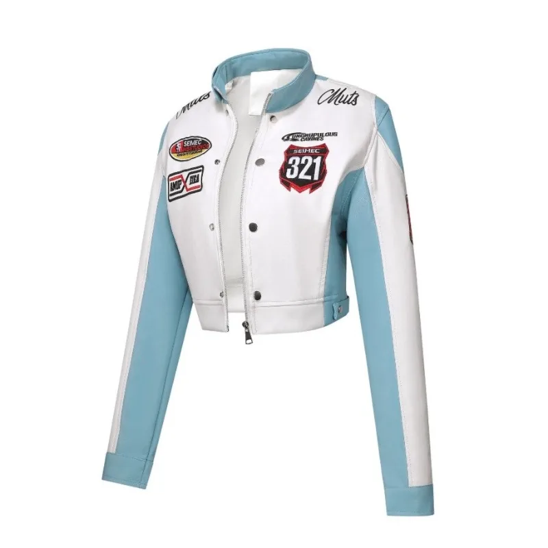เสื้อแจ็คเก็ตนักขี่มอเตอร์ไซค์ปักลายคุณภาพสูงสำหรับผู้หญิง แจ็คเก็ตหนัง PU สั้นเท่ห์ สไตล์สตรีทแวร์ เสื้อโค้ทบอมเบอร์ เสื้อผ้าผู้หญิงแนวเรซซิ่ง