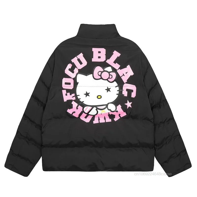 Sanrio Hallo Kitty Amerikanischen Stil Mode Gedruckt Jacke Winter Neue Dicke Warme Casual Baumwolle Kleidung Nette Mädchen Lose Zipper Mantel