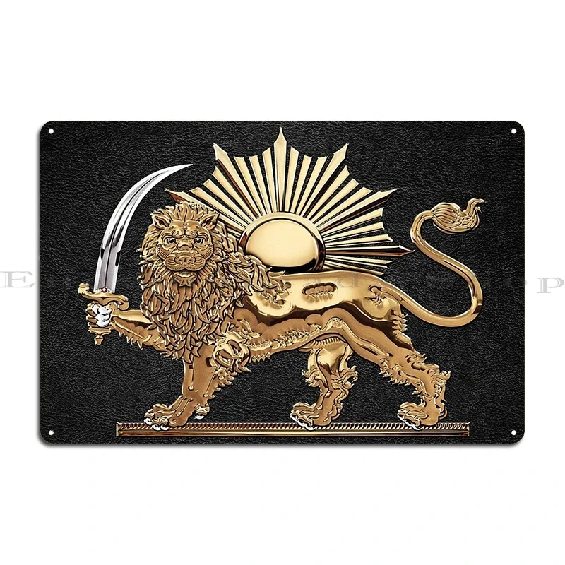 Gold Persian Lion and Sun over Black Leather Elizabethan Style Gilded Book Cover Design Metal Create Wall Plaque Tin Sign Poster