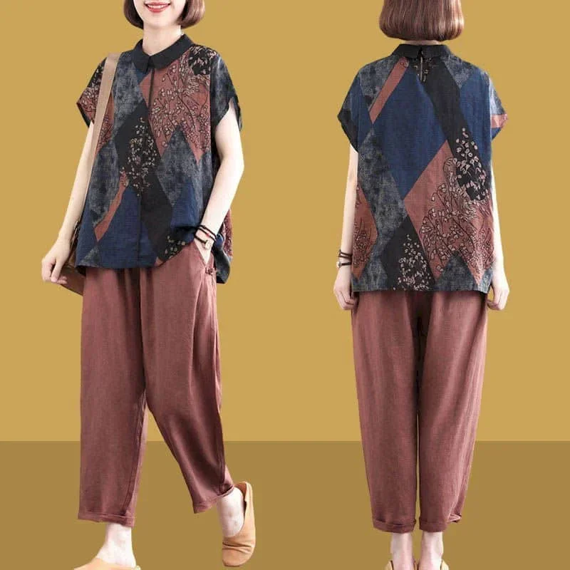Set Celana Kasual Pop Kaus Kerah Polo Lengan Pendek Linen Katun Longgar dan Celana Harem Pakaian Wanita Set Dua Potong Fashion Korea