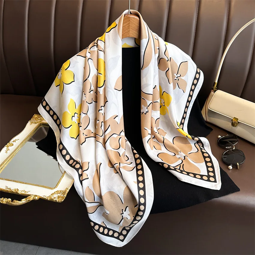 90*90cm Print Silk Scarf Women Luxury Hairband Neckerchief Shawls Bandanna Headband Foulard Ribbon Wraps Female Square Scarves