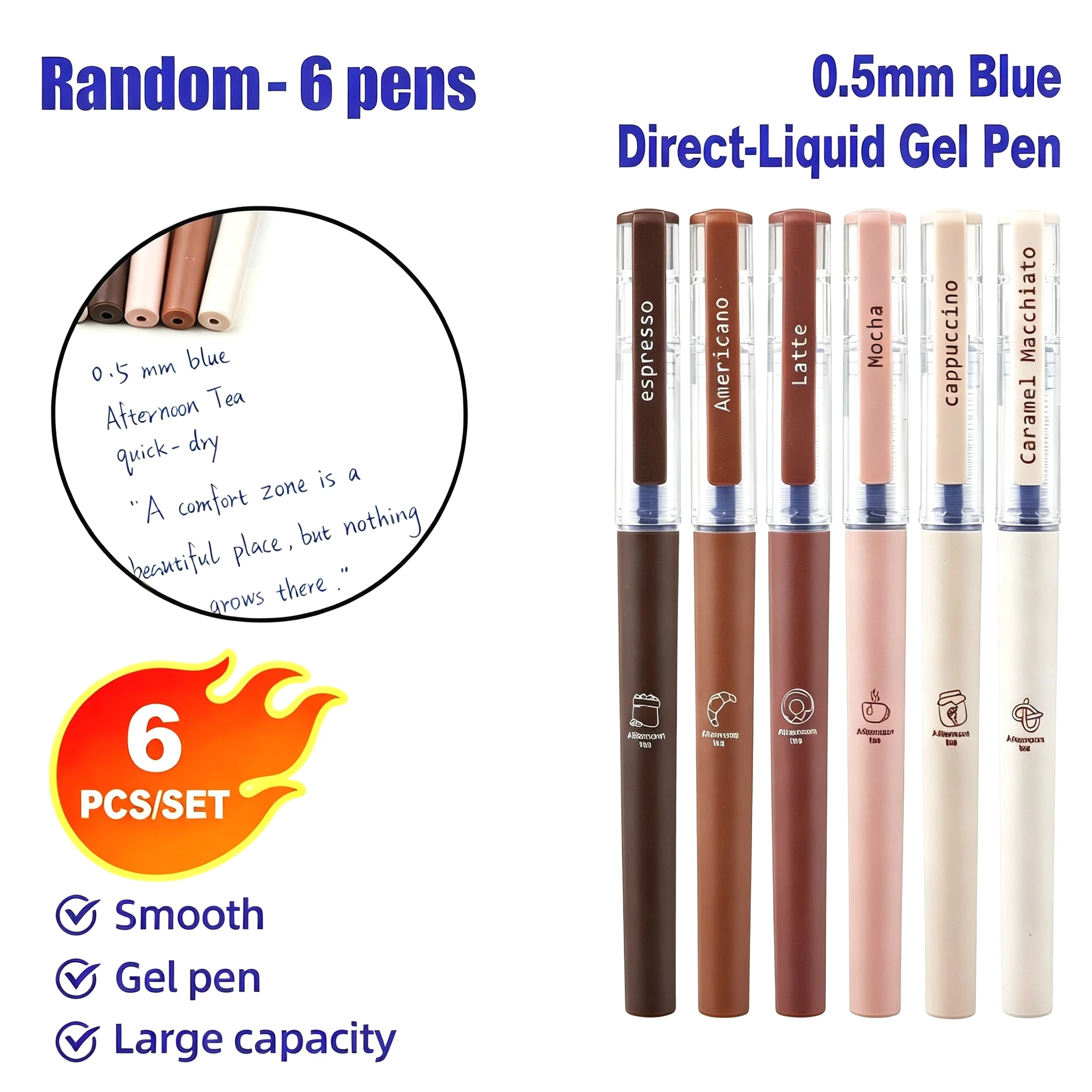 6-piece cap-removable black rollerball pen, needle-type, visible ink, quick-drying, smooth writing, suitable for office signatur