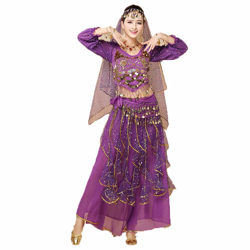 Belly Dance Costume Bollywood Women Indian/Arabic Belly Dance Bandage Top Shiny Skirt Head Scarf Coins Performance Clothing Suit