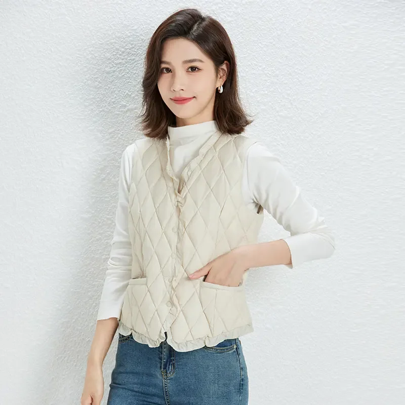 90% Duck Down Vest Spring Autumn Women Ultra light Thin Down Fashion Ruffle Design Vest Warm Winter Slim Waistcoat