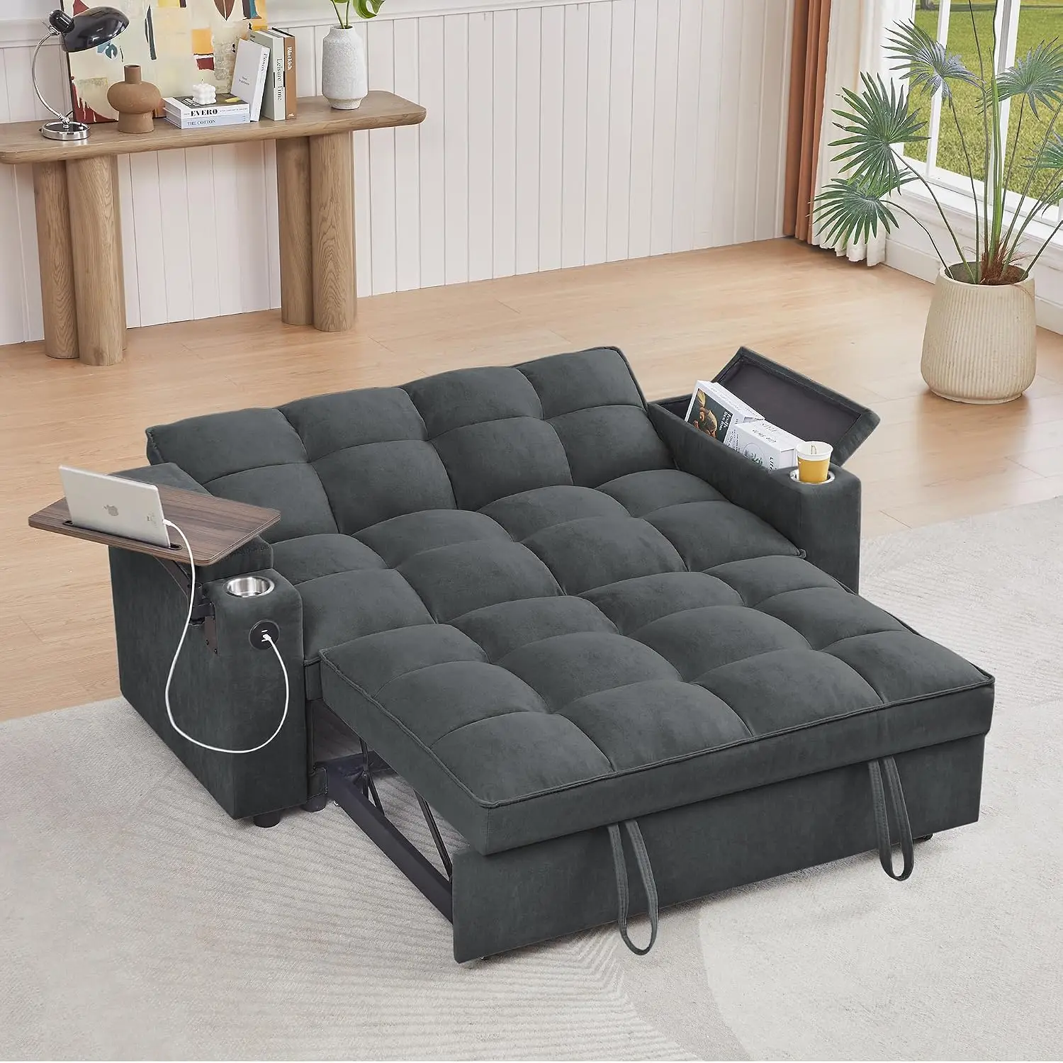 65'' 3-in-1 Folding Sofa Bed, Pullout Chenille Fabric, 360° Swivel Table, Easy Assembly, Living Room, Grey, Customized