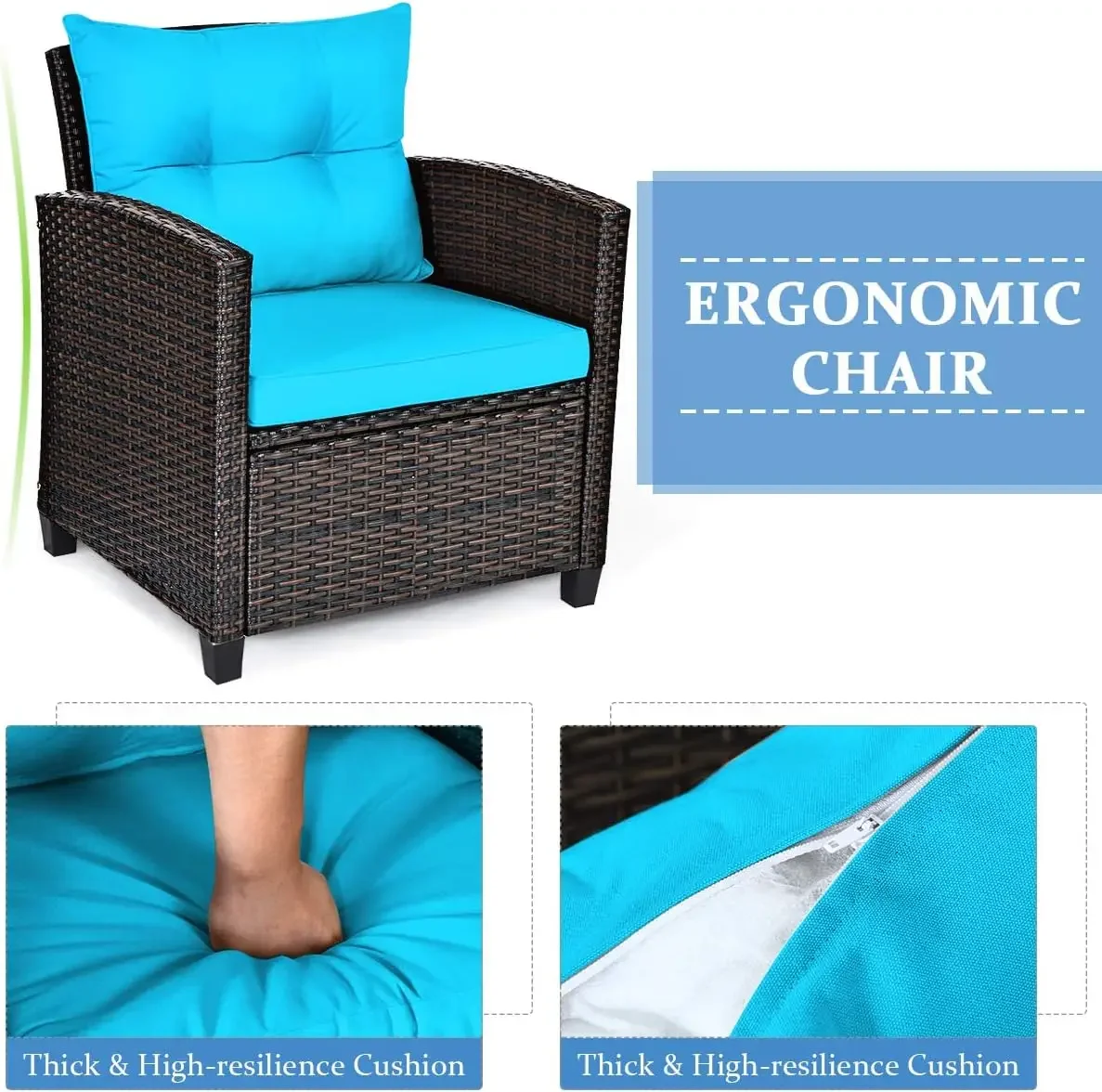 Modern Turquoise 3-Piece Wicker Patio Furniture Set with Water-Resistant Cushions & Tempered Glass Table