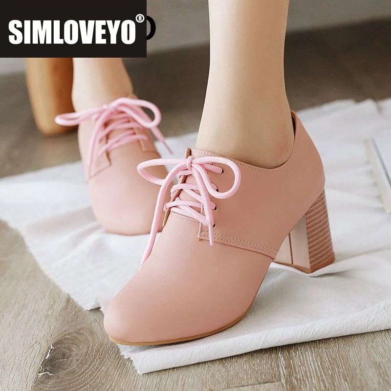 

SIMLOVEYO 2025 Роскошные офисные женские туфли-лодочки с круглым носком на массивном высоком каблуке 7 см, на шнуровке, большие размеры 43 44 45 46 Классические женские повседневные туфли