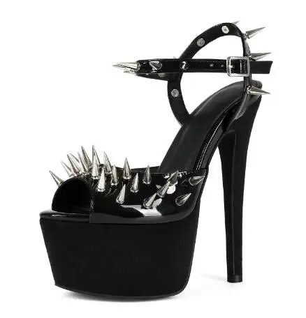 

Punk Women Black Shiny Leather Sliver Long Spike Rivets Peep Toe Platform Summer Sandals Ladies Summer Thin Heels Buckle Sandals