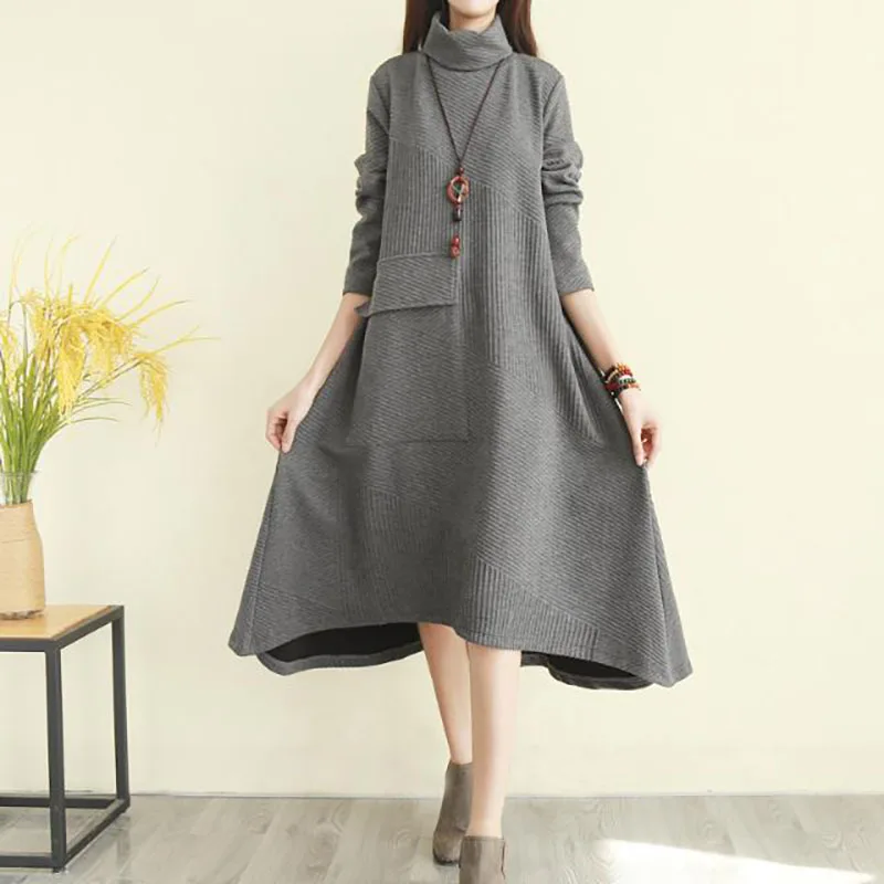 

Fashion Turtleneck Pockets Irregular Casual Dresses Women Clothing 2023 Autumn Winter Loose Korean Tops Asymmetrical Midi Dress