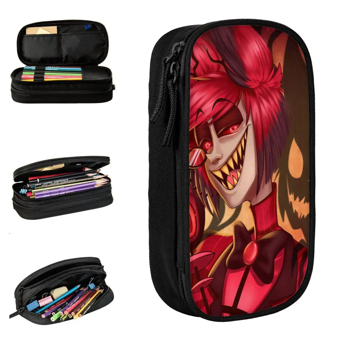كارتون Hazbins Hotels Alastors مقلمة حامل قلم حقائب بنات بنين تخزين كبير اللوازم المدرسية سستة pencelcases