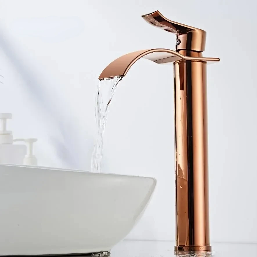 

Basin Faucet Rose Gold Waterfall Brass Bathroom Mixer Tap Hot and Cold Gold Sink