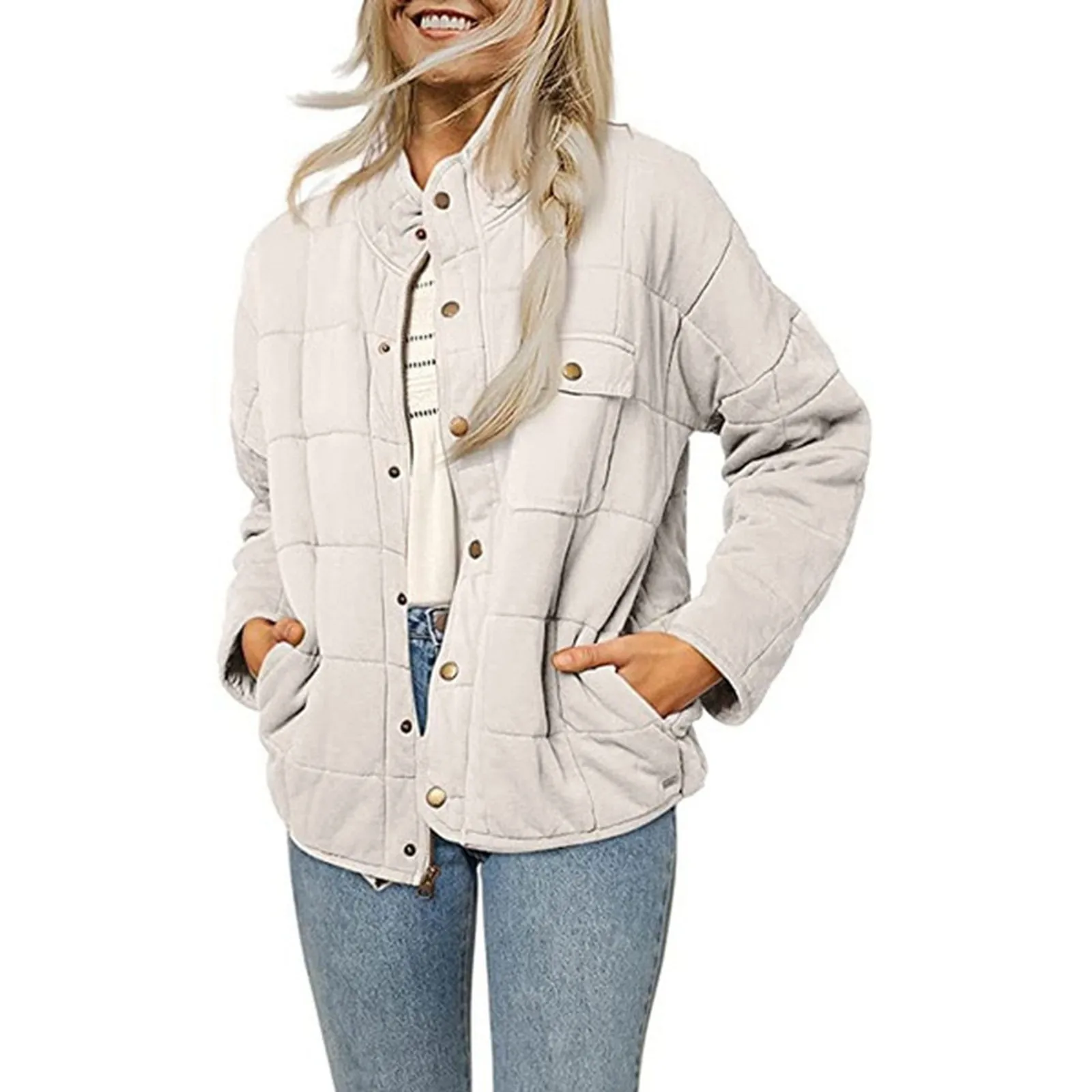 Chaqueta gruesa de cuello alto para mujer, prendas de vestir holgadas con bolsillos, Tops térmicos informales, invierno, 2024