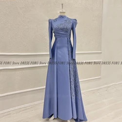 Formal Pageant Evening Dress With Long Sleeve Glitter Bead Muslim High Neck Satin Wedding Prom Party Gown For Woman Robe Soriee