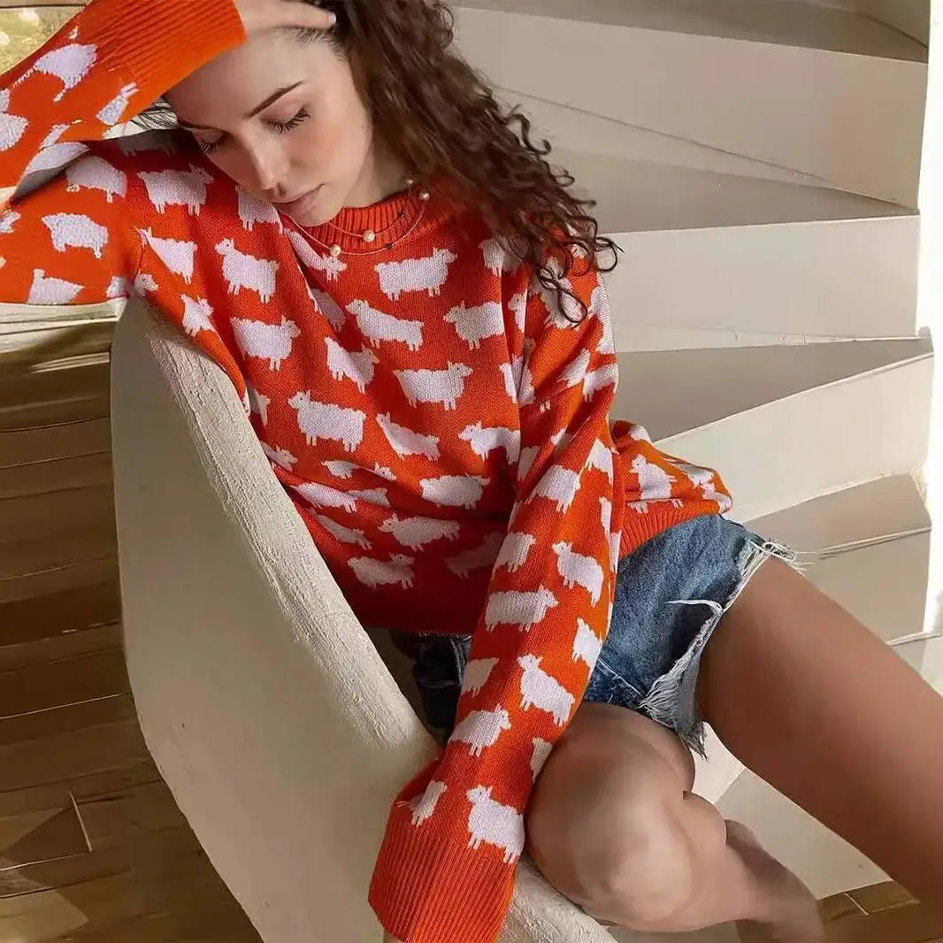 

Свитер из альпаки с круглым вырезом и принтом, осень-зима, новый свободный повседневный пуловер с круглым вырезом для женщин