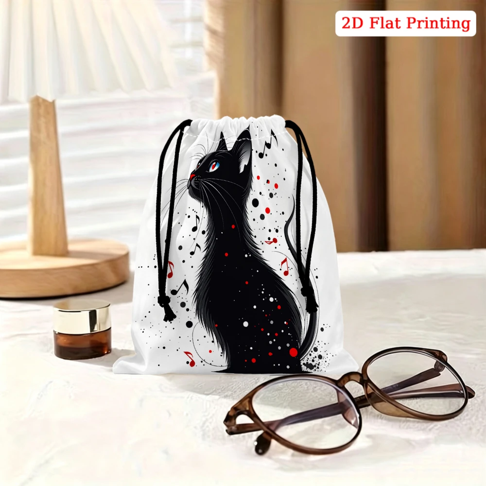 1Pc Black Cat Pattern Drawstring Bag White 2D Flat Print Storage Small Pouch For Glasses Cosmetics Jewelry Travel Organizer Port