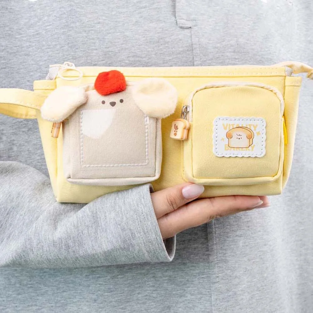 Large Capacity Cartoon Canvas Pen Bag Chestnut PVC Cute Bear Pencil Pouch Portable Yellow Stationery Storage Bag
