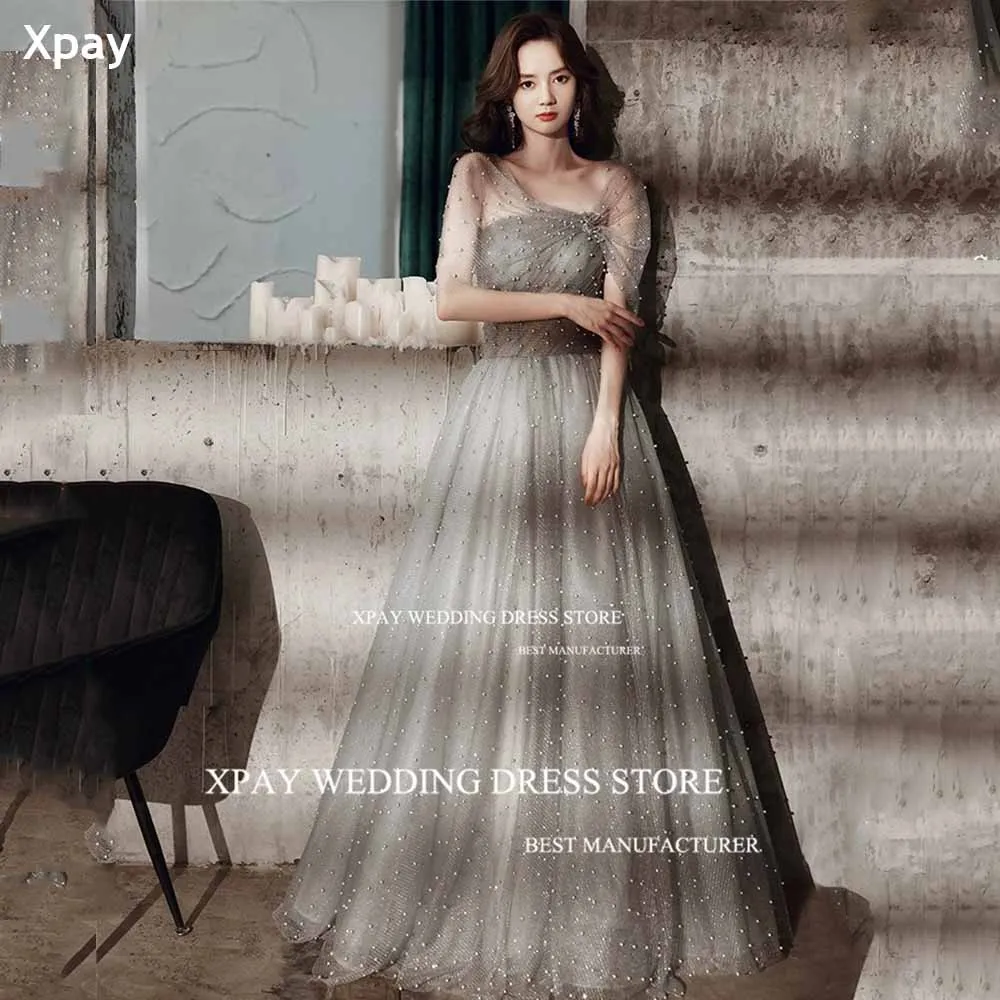 XPAY Sweetheart Grey Korea A Line Wedding Dresses Fairy Pearls Lace Bridal Gown Sparkly Corset Backless Wedding Photos Shoot