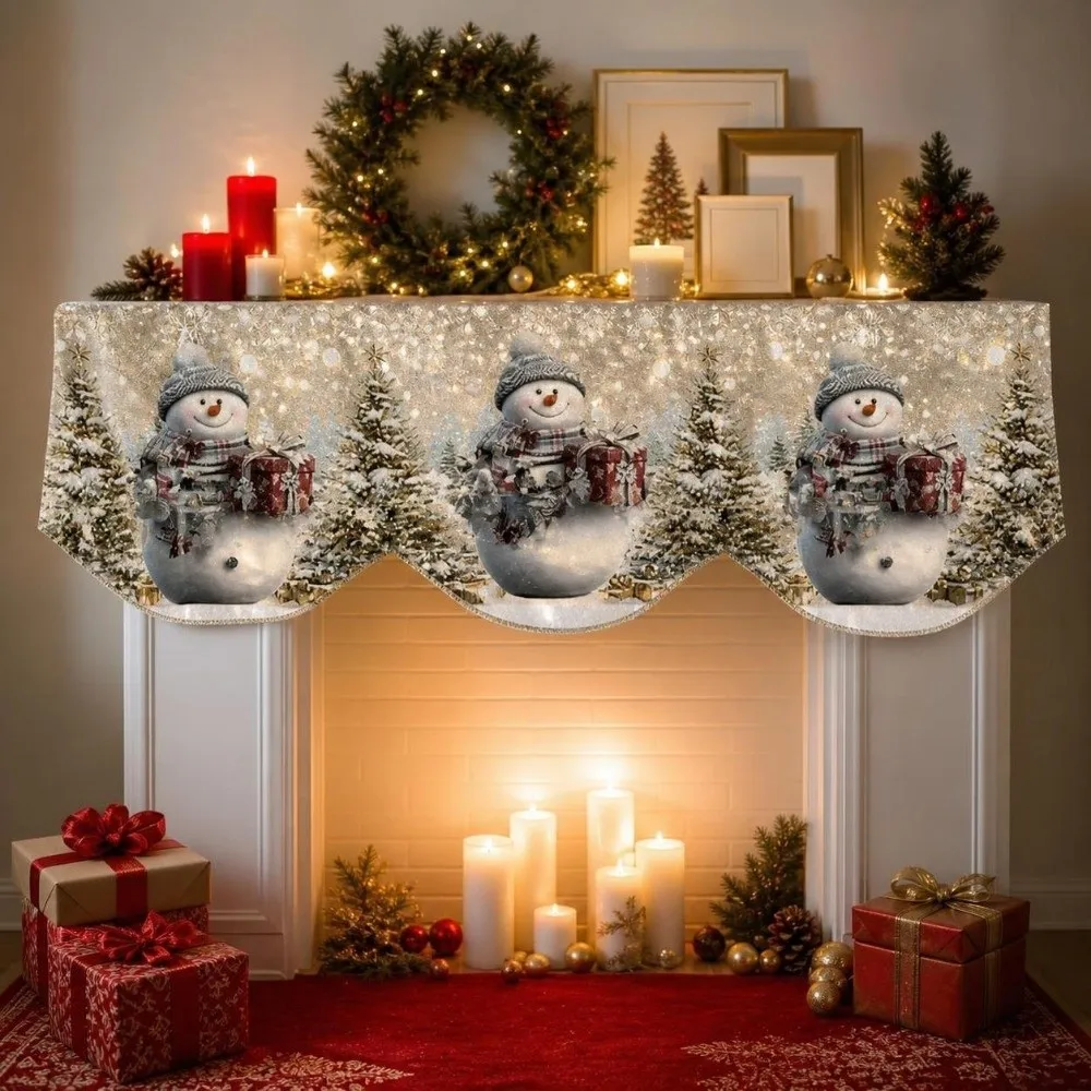 Santa Claus Christmas Fireplace Mantel Scarf Snow Landscape Decorative Mantel Topper Snowman Home Decor Xmas Mantel Decor Home