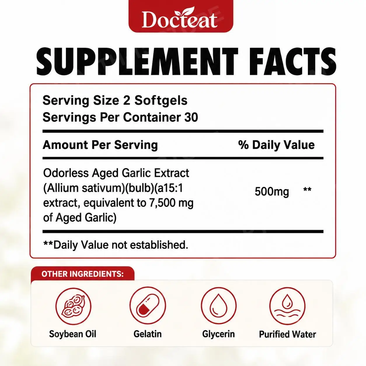 Docteat Odorless Aged Garlic Extract Softgels 500mg 7500mg Equivalent Antioxidant Daily Wellness Support Adults 60 Softgels
