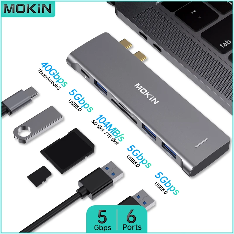 MOKiN 6-in-2 USB C Docking Station | Dual USB C to 3 USB 3.0, Thunderbolt 3, SD/TF Card Reader for MacBook Pro/Air M1 M2