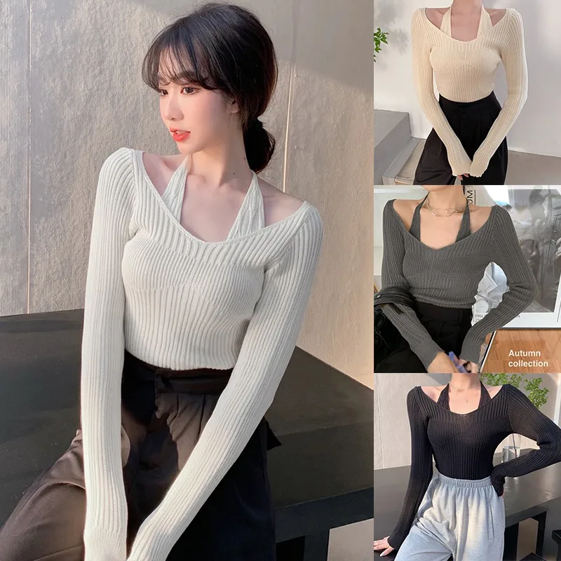 Women\'s Knit Sweater Long Sleeve Off Shoulder Halter Neck Tops Loose fit Sexy Pullover Casual Loose Blouse Jumper Sweaters