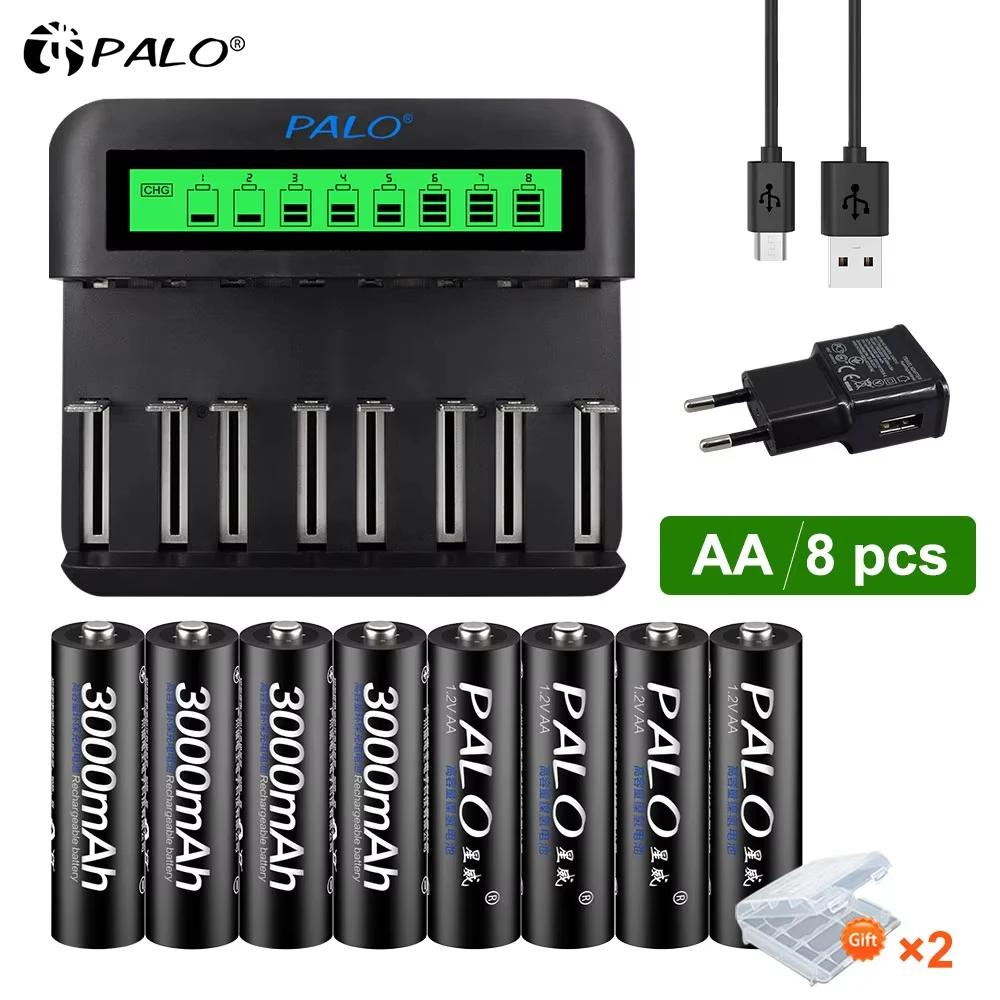 Batteria Ricaricabile AA 1.2V 3000Mah, Batterie Ricaricabili AA Ni-Mh HR6 LR6 + Caricabatterie Intelligente LCD A 8 Slot Per Batterie 1.2V AA AAA C D Ni-Mh Ni-Cd-image
