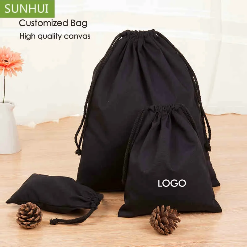 Black Canvas Drawstring Bag Jewelry Pouch Cotton Canvas Bags Cosmetic/Storage/Wedding/Packing/Gift/Earrings/Bead Custom Logo 50p