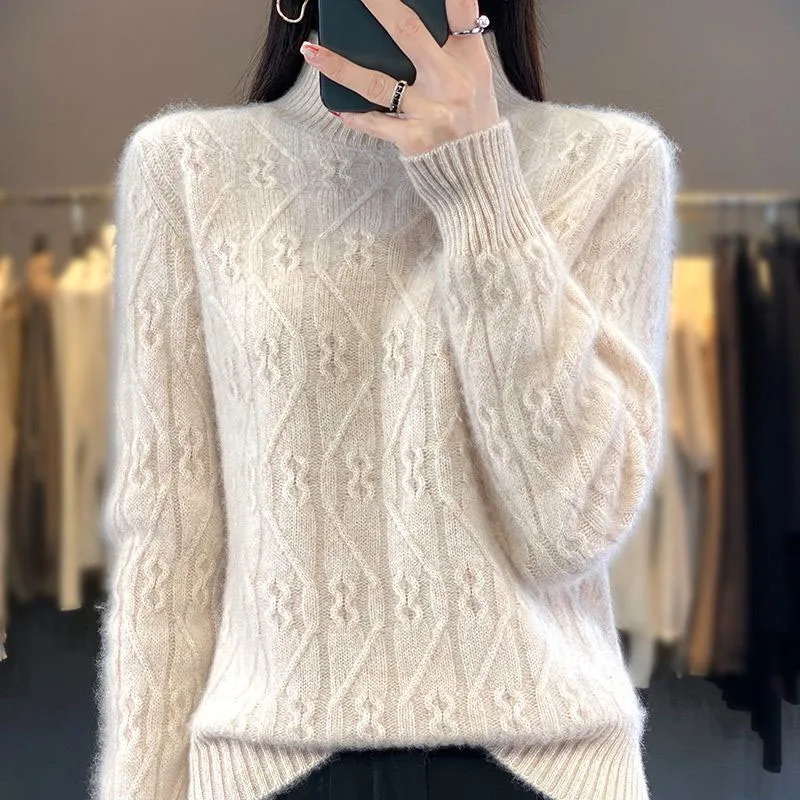 New Autumn and Winter Fashion Korean Solid Fried Dough Twists Half High Collar Thickened Loose Versatile Western Women\'s Sweater