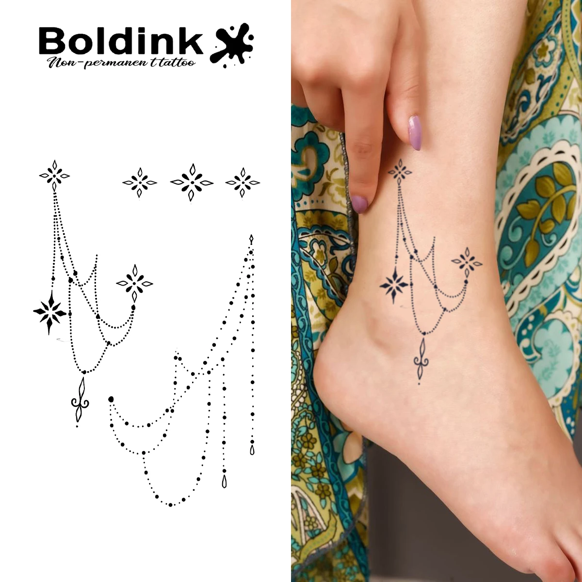 

BOLDINK 3D наклейка-тату со звездной цепочкой для женщин, водонепроницаемая наклейка на лодыжку, модный красивый дизайн, сохранение цвета до 1-2 недели